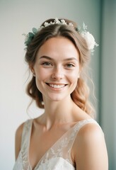 Wall Mural - happy portrait of beautiful and attractive blond hair bride with bouquet of flowers, isolated white background
