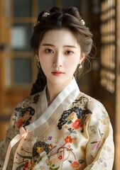 Wall Mural - Portrait of a beautiful young Korean woman in traditional Hanbok dress