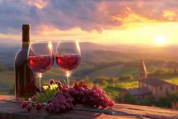 Glasses of fresh red wine with grapes, cheeses, bottle and barrel on a sunset background in Toscane. Italy vineyard and agroturism. Wine shop or wine tasting concept with copy space AI