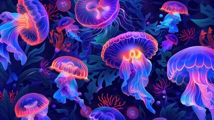 glowing jellyfish and algae on underwater neon wallpaper