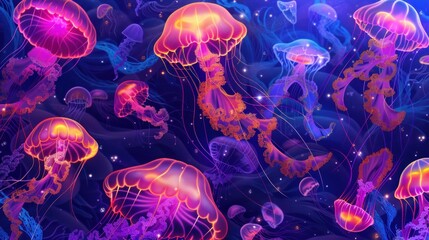 glowing jellyfish and algae on underwater neon wallpaper