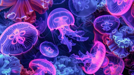 glowing jellyfish and algae on underwater neon wallpaper