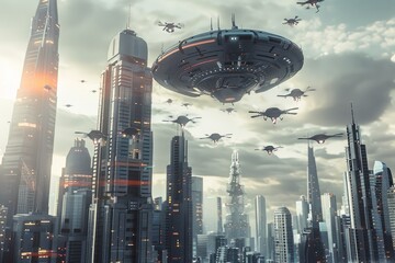 Wall Mural - A futuristic cityscape with tall buildings and a large flying object hovering above. Several autonomous drones are also flying in the sky