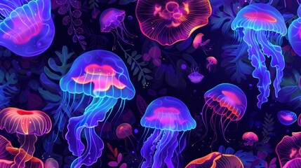 glowing jellyfish and algae on underwater neon wallpaper