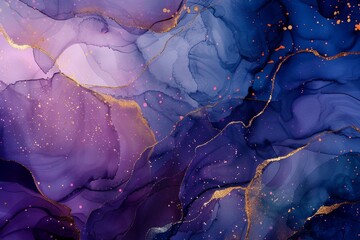 Aufkleber - Blue and golden liquid watercolor background. Teal turquoise and violet marble alcohol ink drawing effect. Modern illustration design template for wedding invitations, menus, and RSVP cards.