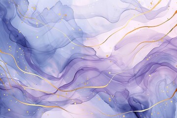 Aufkleber - Various violet and cyan blue liquid watercolor effects with golden stains. Teal and mauve gray marble alcohol ink drawing effect. Modern illustration design template for wedding invitations, menus,
