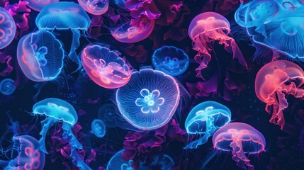 glowing jellyfish and algae on underwater neon wallpaper