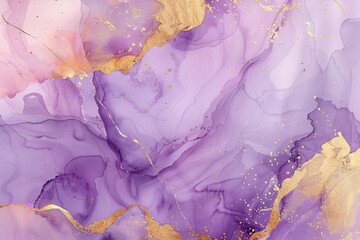 Aufkleber - Flowing violet geode hand drawn over an abstract purple liquid watercolor background with golden staining. A modern illustration design template for a wedding invitation.