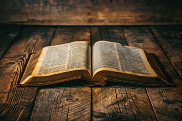 Wall Mural - An open Bible lies on a rustic wooden table, revealing highlighted passages related to life