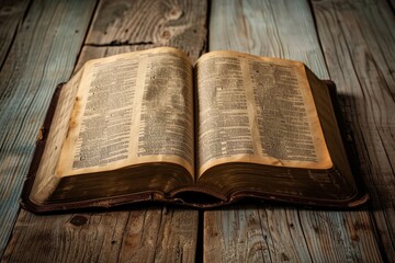 Wall Mural - An open Bible rests on a rustic wooden table, its pages revealing highlighted passages about life