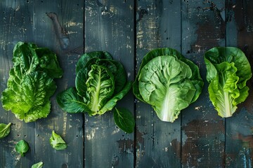 Wall Mural - A close-up image showcasing a variety of fresh green lettuce arranged on a rustic wooden surface. The vibrant leaves are displayed with their textures and colors highlighted