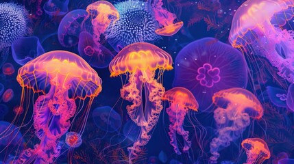 Wall Mural - glowing jellyfish and algae on underwater neon wallpaper