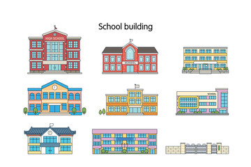 Wall Mural - school buildings of various designs. outline simple flat design illustration.