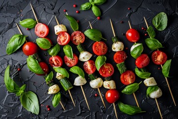 Wall Mural - A top-down view of colorful Caprese salad skewers, featuring fresh tomatoes, mozzarella, basil, and zucchini, arranged on a textured black background