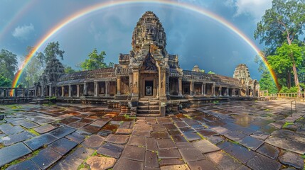 Ancient Angkor Wat temple in Cambodia with a stunning double rainbow arc across the sky