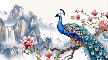 Wall Mural - 3D peacock sitting on a magnolia tree branch wallpaper