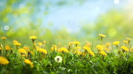 Wall Mural - Spring summer blurred natural background. Beautiful meadow field with fresh grass and yellow dandelion flowers against sky.