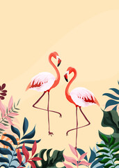 Naklejka na meble Cute Flamingo isolated on pastel yellow with tropical leaves background. Summer and botanical thematic. Vector illustration.
