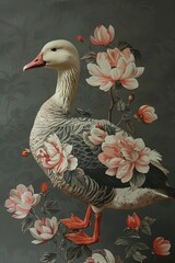 Naklejka na meble Artistic illustration of a goose adorned with intricate floral patterns against a dark moody background