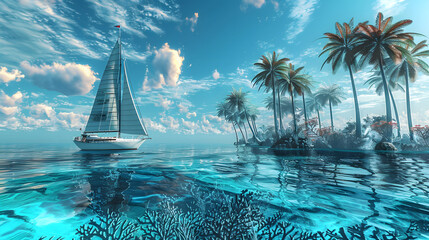 Wall Mural - Boat in turquoise ocean water against blue sky with white clouds and tropical island. Natural landscape for summer vacation, panoramic view.