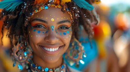 Wall Mural - Joyful woman with colorful carnival makeup and decorations smiling brightly