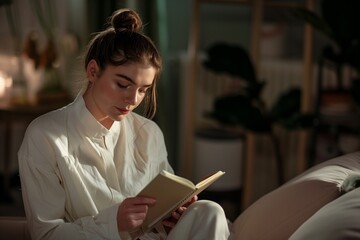 Poster - AI generated illustration of a woman in bed, wearing white, reading a book