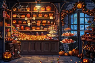 Wall Mural - Candy Corn and Caramel Apples in a Halloween-Themed Candy Store