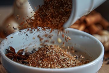 Closeup of chai spice mix being poured into white cup