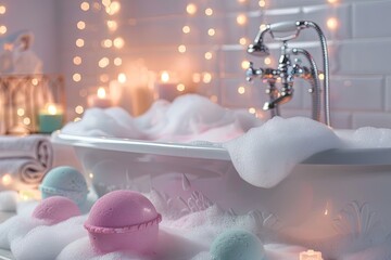 Leinwandbilder - A close-up of a bathtub filled with foamy bubbles and colorful bath bombs, creating a relaxing and luxurious atmosphere. Generative AI