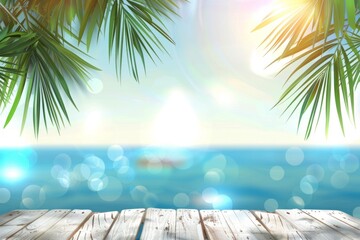 Wall Mural - Abstract blurred background with a white wooden table top and palm tree leaves on a summer beach background
