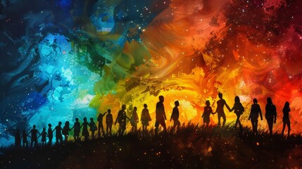 Wall Mural - Silhouettes of People Against a Vibrant Aurora Borealis Sky: A Breathtaking Travel Photography Background, 4K HD Wallpaper

