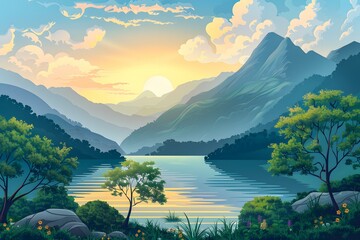 Sticker - Sunset Over Lake and Mountains