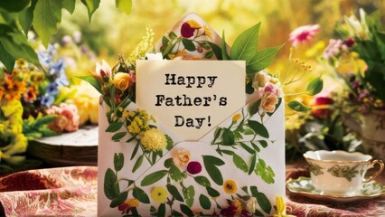Father's Day Sentiments: A heartwarming photograph of an envelope adorned with fresh flowers and lush greenery, bearing the message 