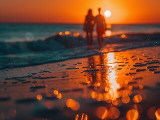 Wall Mural - AI generated illustration of silhouettes of a couple strolling on the beach during sunset