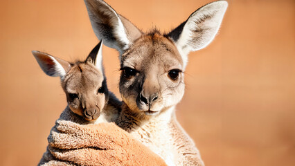 Wall Mural - Adorable baby kangaroo portrait peeking out from its mother's pouch