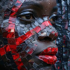 Wall Mural - an abstract picture of a woman with a broken face and red lipstick