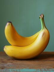 Wall Mural - Two ripe bananas on a wooden surface with green background