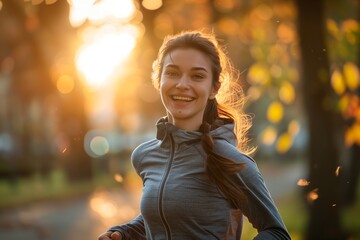 Poster - A young woman smiles as she runs through the city during a beautiful sunset