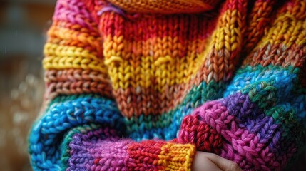 Detailed close-up of multicolored knit patterns on a cozy handmade sweater