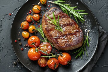 Canvas Print - Grilled steak served on a dark plate, accompanied by fresh herbs, tomatoes, and garnishing