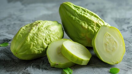 Wall Mural - Whole and sliced chayote on a grey surface with room for writing