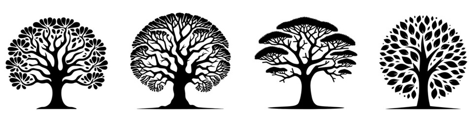 Wall Mural - tree logo design. set of isolated tree icons. black tree symbol with leaves. vector illustration.