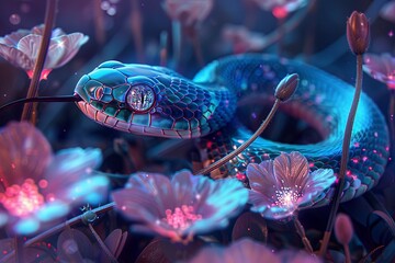 Conceptual illustration of a cybernetic snake pollinating a field