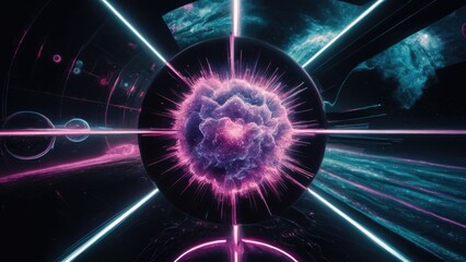 Wall Mural - Abstract flight in retro neon hyper warp space in the tunnel 3d
