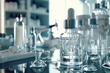 Poster - A close-up shot of a glass dropper bottle filled with a clear liquid, showcasing the precise instruments used in a laboratory setting. Generative AI