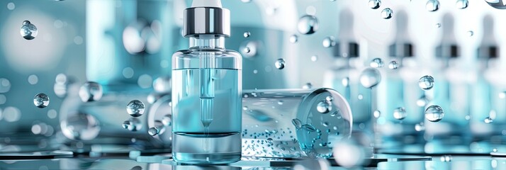 Aufkleber - Close-up of glass bottles containing serums, with droplets of liquid suspended in the air against a backdrop of laboratory tools. Generative AI