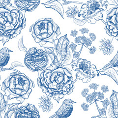 Seamless pattern with flowers and birds. Blue vintage background.