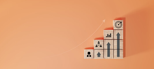 Wall Mural - woods block step on table with icon action plan, goal and target, success and business target concep
