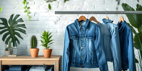 Wall Mural - Display trendy denim clothes near a bright white background. Concept Fashion Photography, Denim Trend, White Background Display