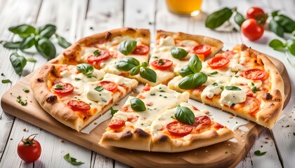 Wall Mural - Four cheese pizza quattro fromaggi with on a white wooden board background
